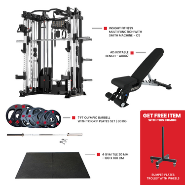 Heavy Duty Gym Tile 20 MM -100 x 100 CM Adjustable bench A8007 for home gym workout 7 Ft Olympic Barbell with Tri Grip Plates Set | 80 kg Insight Fitness Multi Function with Smith Machine - C5